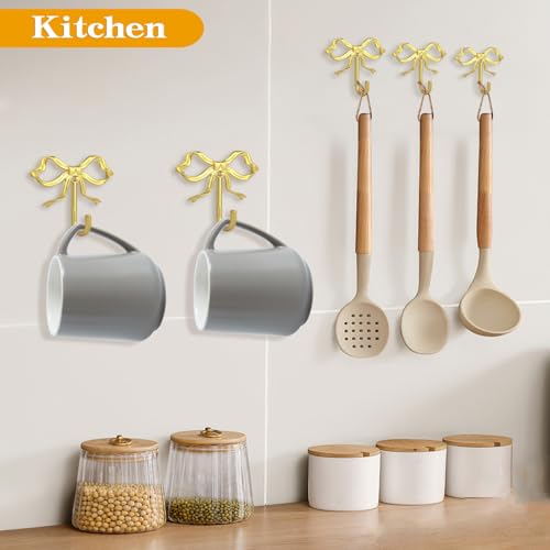 XHIPY Large Gold Bow Wall Hooks - Set of 2 Decorative Metal Coat Hooks