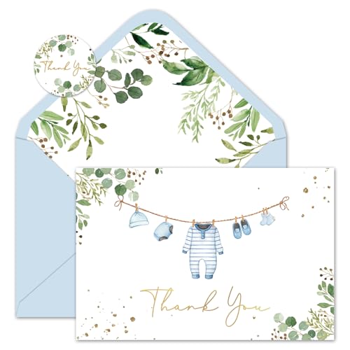 Whaline Blue Baby Shower Thank You Cards - 24 Pack with Envelopes & Stickers