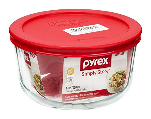 Pyrex Simply Store Round 4-Cup Glass Food Storage Container with Red BPA-Free Lid