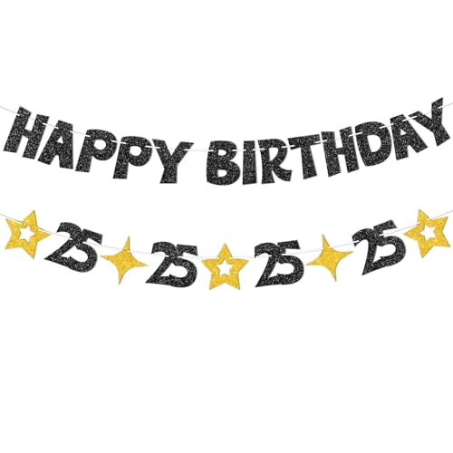 Happy 25th Birthday Banner - Pre-Strung Black & Gold Decorations