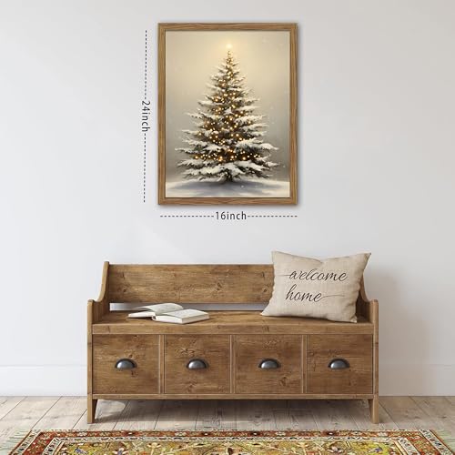 Christmas Tree Wall Decor Framed Snowy Holiday Canvas Art - 24x16 Inches