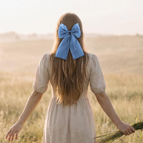 Large Blue Hair Bow Clip with Long Tails for Women and Girls