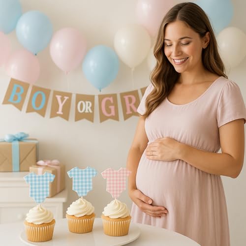 36 Blue & Pink Gingham Cupcake Toppers for Gender Reveal