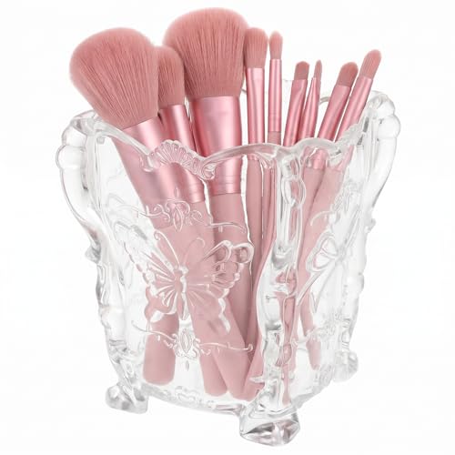 VALICLUD Acrylic Makeup Brush Holder, Transparent Butterfly Carved Cup