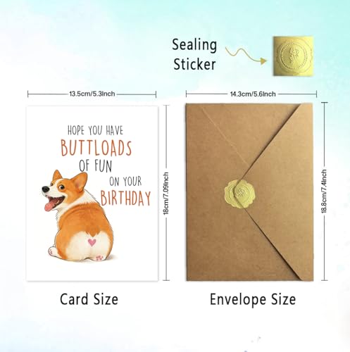 Funny Corgi Birthday Card with Kraft Envelope & Gold Seal