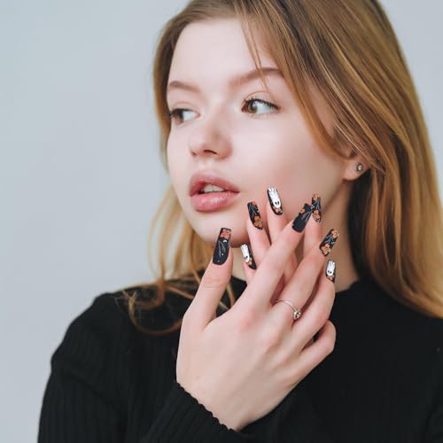 Habbiful Halloween Ghost Press on Nails Gothic Black Coffin Fake Nails