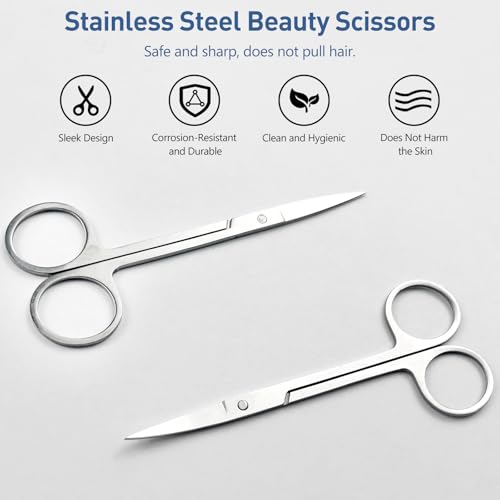 Jaasuee Facial Hair Scissors Set - Stainless Steel Curved and Straight Trimmer for Mustache, Beard, Nose and Eyebrow