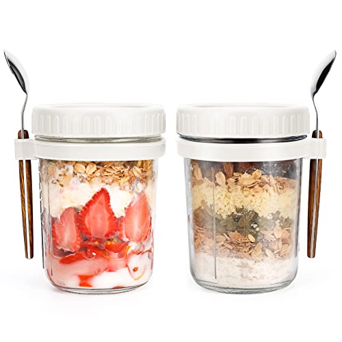 PFUM Overnight Oats Jars with Spoon & Lid - 16 oz, 2 Pack, White