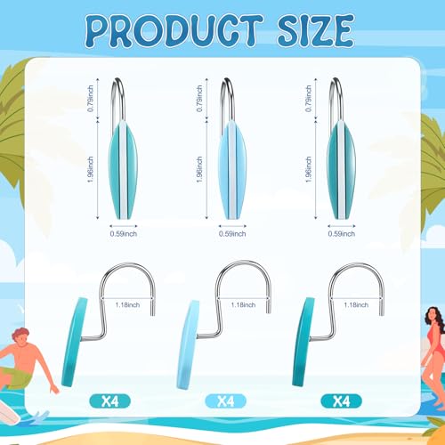 Surfboard Shower Curtain Hooks - 12 Pcs Ocean Theme Bathroom Decor