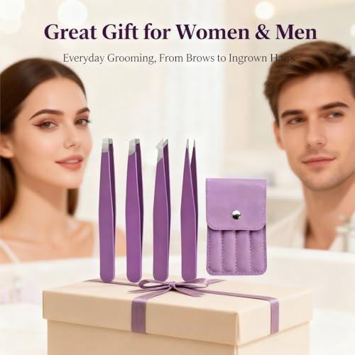 Purple Tweezers Set, 4 Pack Stainless Steel Precision Eyebrow Tweezers