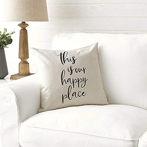 This is Our Happy Place Farmhouse Pillow Cover 18x18 Linen Decor - Pack of 1