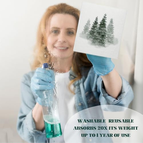 Christmas Pine Tree Swedish Dishcloths for Kitchen - Reusable & Washable 4 Pack - Christmas Tree Variation