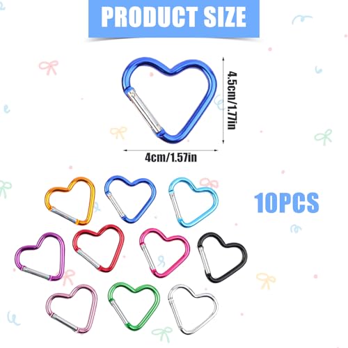 10pcs Heart Shaped Carabiner, Aluminium Alloy Cute Carabiner Clip Snap Hook Key Holder Heart Keychain Clip Key Ring for Camping Backpack Water Bottle Key Chain