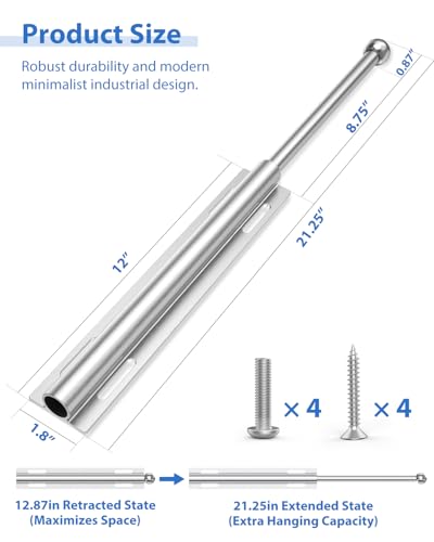Ruiony 12in Adjustable Closet Valet Rod - Pull Out Aluminum Hanger, Silver