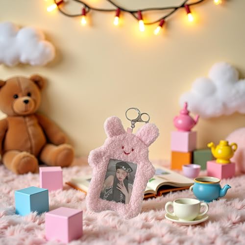 Pink Cute Plush Photocard Holder with Keychain Cartoon Animal Photo Sleeve