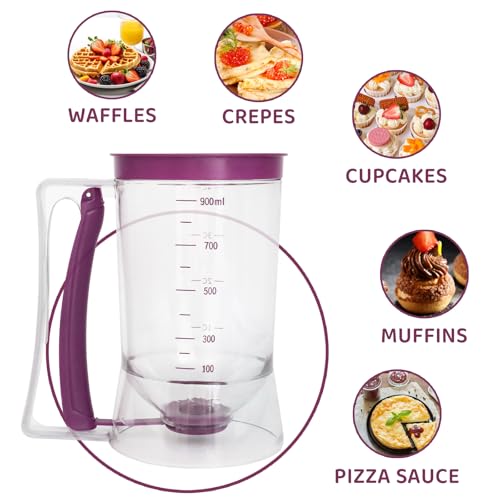 MIWOGA Pancake Batter Dispenser, 900ml Measuring Cup for Baking - Purple