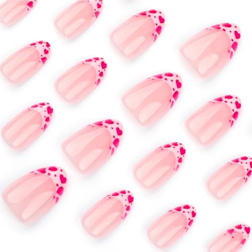 Valentine French Tip Press on Nails Short Almond Pink Heart Acrylic Kit