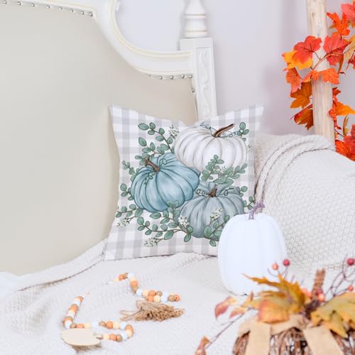 16x16 Inch Fall Pillow Cover - Buffalo Pumpkin & Eucalyptus Decor