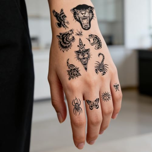 FUNTATTOO 6 Sheets Black Old School Temporary Tattoos Vintage Retro Fake Body Art