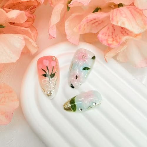 Spring Floral Press On Nails Medium Almond Butterfly Rhinestones