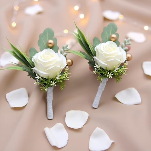 White Rose Boutonnieres for Men Wedding Groom 2-Pack Artificial Flowers