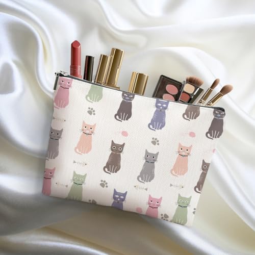 Cat Makeup Bag Linen Travel Cosmetic Pouch for Women and Cat Lovers