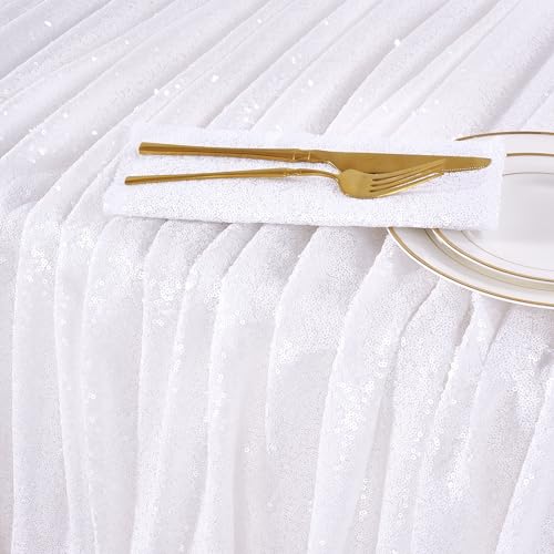 White Wedding Tablecloth 90x90 Inch Sequin Fabric Sparkle Party Decor - QueenDream