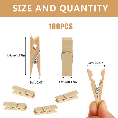 KIMOBER 1.77-Inch Natural Wooden Clothespins - 100PCS Heavy Duty Craft Clips