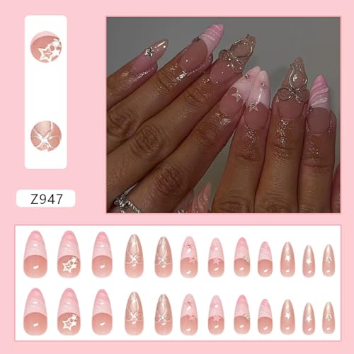 French Tip Press on Nails Medium Almond 3D Star Rhinestones Bow Design