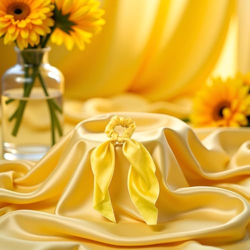 Cauaoa Yellow Satin Ribbon Bow Scrunchies Hair Ties 2-Pack