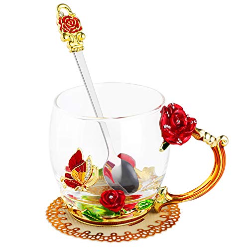 WD&CD Rose Butterfly Glass Tea Coffee Mug Set with Spoon & Coaster - Red Short