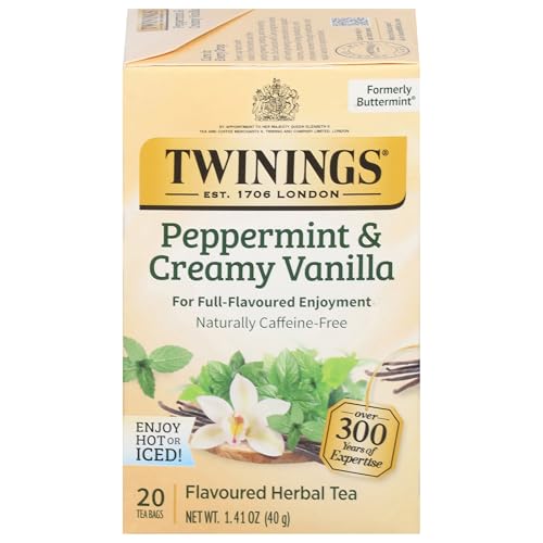 Twinings Peppermint & Creamy Vanilla Herbal Tea - 20 Count, Caffeine-Free, Individually Wrapped Bags, Hot or Iced - Variation: Peppermint & Creamy Vanilla