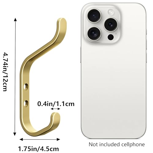 Gold Double Wall Hook for Hanging Coats - 22lbs Capacity, 5 Pack