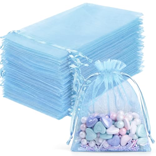 FUNFERY 100-Pack Baby Blue Organza Bags, 3x4 Inch Small Mesh Drawstring Gift Bags