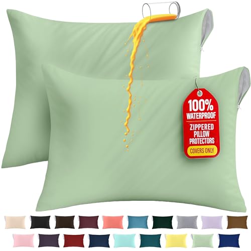 Queen Size Pillow Protectors Set of 2 with Zipper - Sage