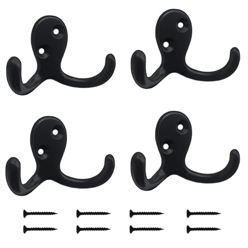 Kruodop 4 Pack Black Heavy Duty Wall Hooks for Coats & Towels - Metal Double Hanger