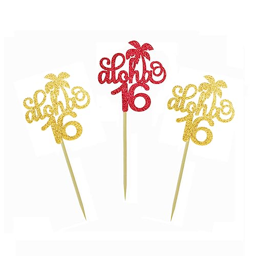 Gold Glitter Aloha 16th Cupcake Toppers - 24 PCS Party Decor