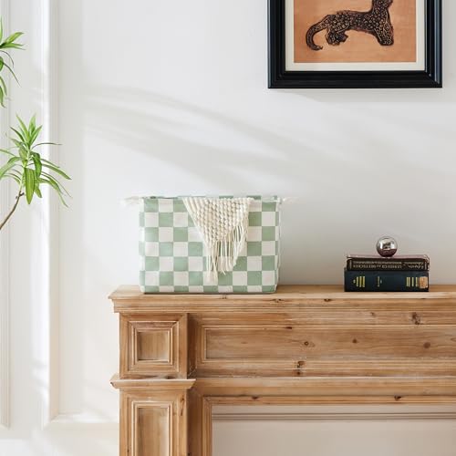 Sage Green Checkered Canvas Storage Basket - 15" x 10" x 10"