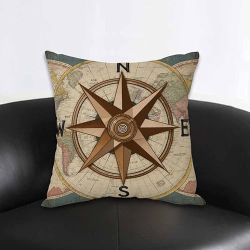World Map Compass Throw Pillow Cover - 18x18 Inch Decorative Cushion for Home
