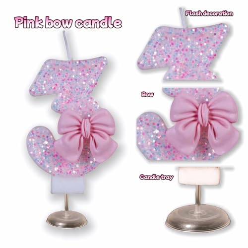 Number 3 Pink Glitter Birthday Candle with Bow - 2.95 Inch Cake Topper