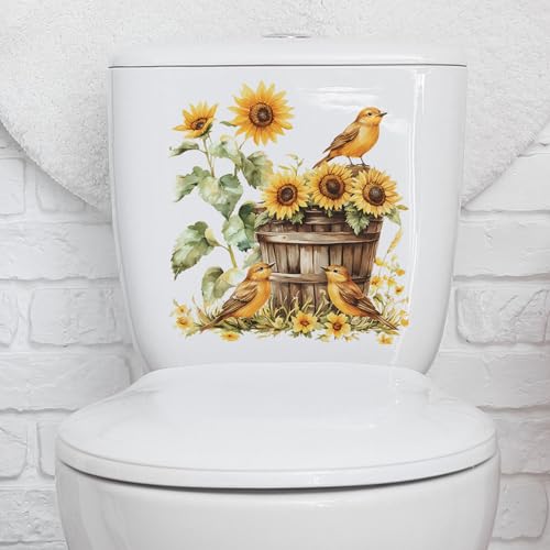 Sunflower and Bird Toilet Lid Sticker Decal - Waterproof Bathroom Decor