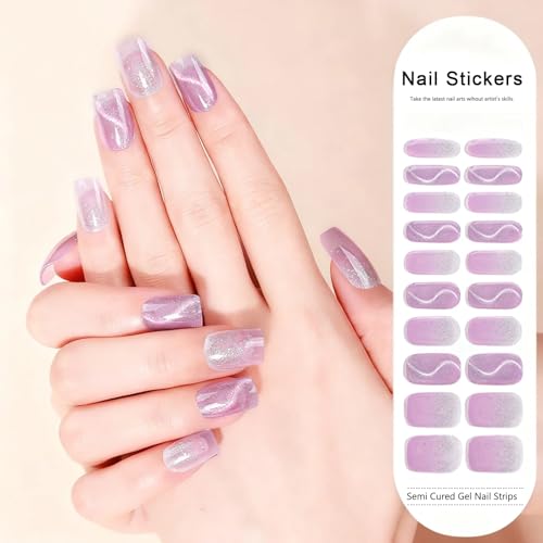 WOKOTO Purple Cat Eye Semi-Cured Gel Nail Strips UV Wraps 20 Tips