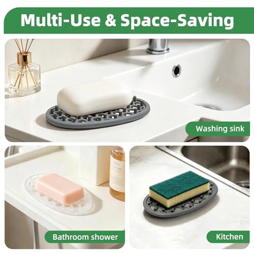 Langierspur Silicone Soap Holder 2-Pack, Self-Draining Soap Dish (Grey/Clear)