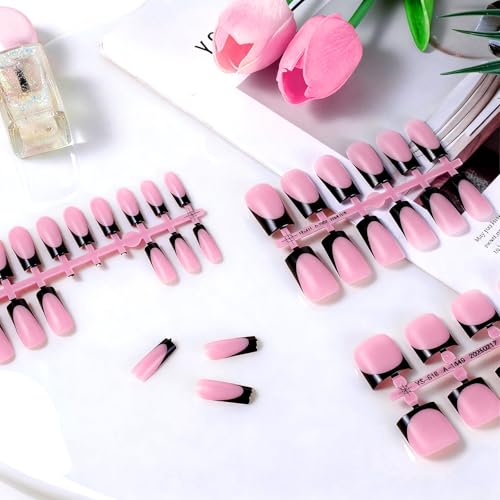 Styquenzer Black French Tip Press on Nails 60 PCS Short Square False Nail Kit