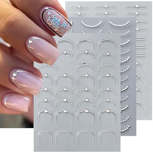 5D Embossed French Tip Silver Nail Stickers with Crystal Rhinestones 3 Sheets