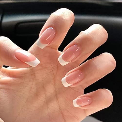 White French Tip Medium Square Press On Nails Glossy Fake Nails 32Pcs