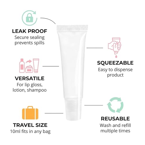 Chedin Empty Lip Gloss Tubes 10ml - Refillable Squeeze Containers 5 Pack