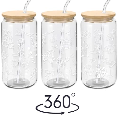 Cowgirl Glass Cup with Bamboo Lid and Straw - 16oz Western Iced Coffee Tumbler