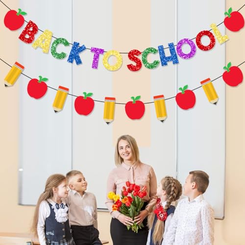 Pre-Strung Welcome Back to School Banner with Glitter Pencil Apple