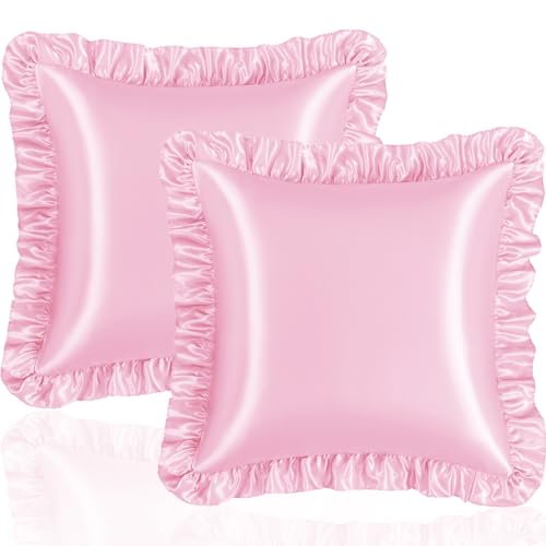 Pink Ruffle Satin Pillow Covers, 18x18 Inch Set of 2, Envelope Closure